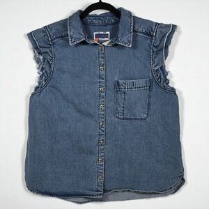Pilcro Denim Vest Top Women's Large Blue Ruffle Cup Sleeves Button Down Jean‎